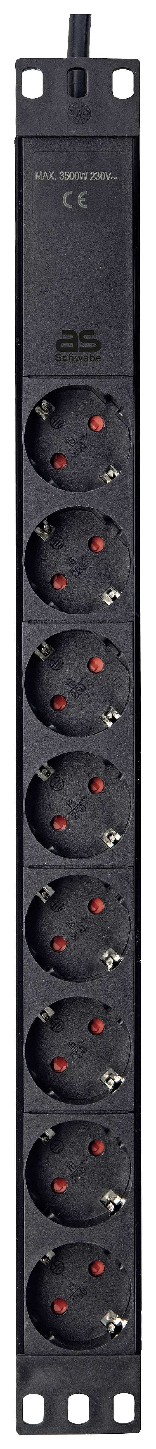 Eight-way power strip with vertical socket arrangement, all housed in a black casing. Ideal for rack mounting.