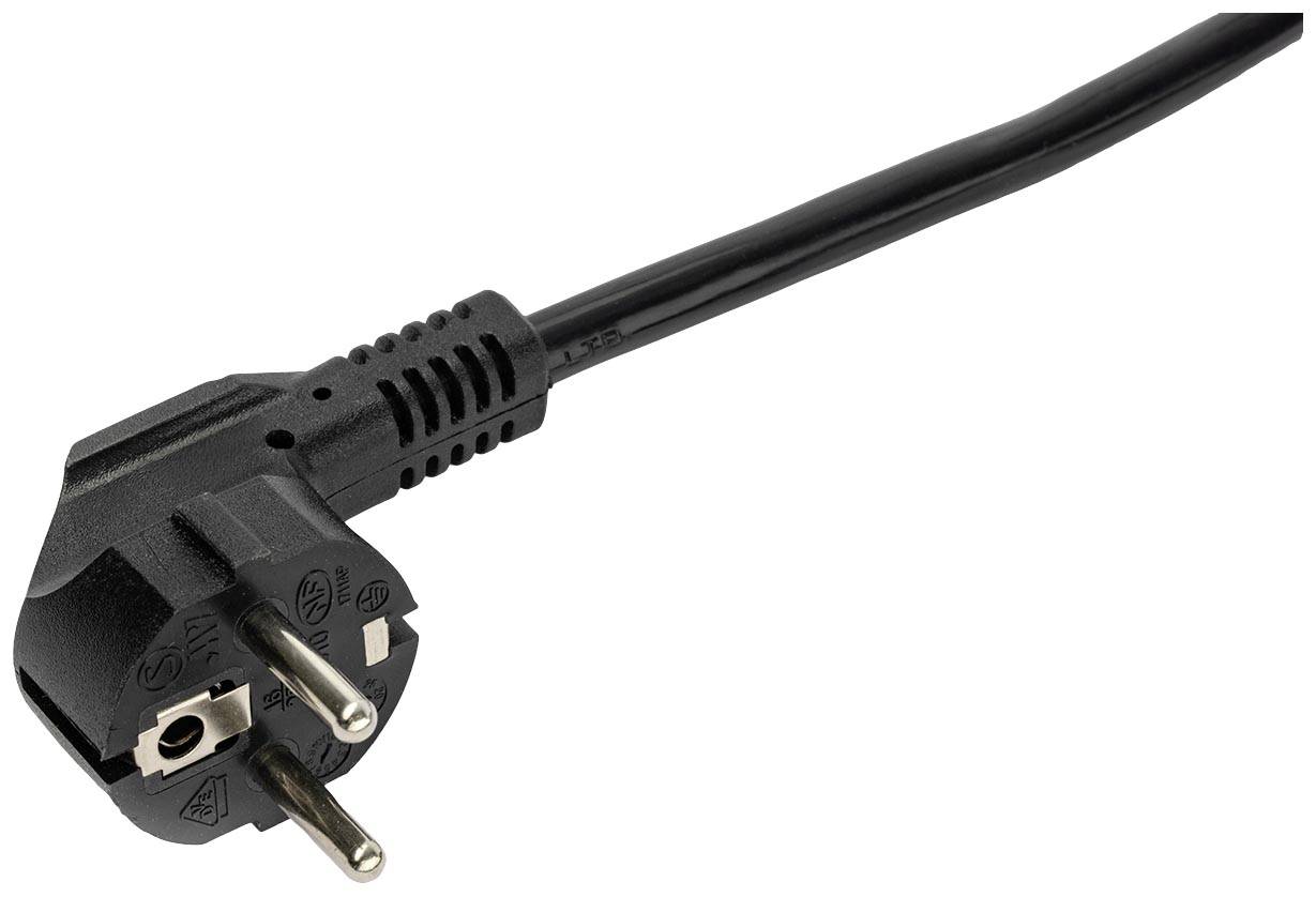 A black Schuko plug with earthing, connected to a cable, on a white background.