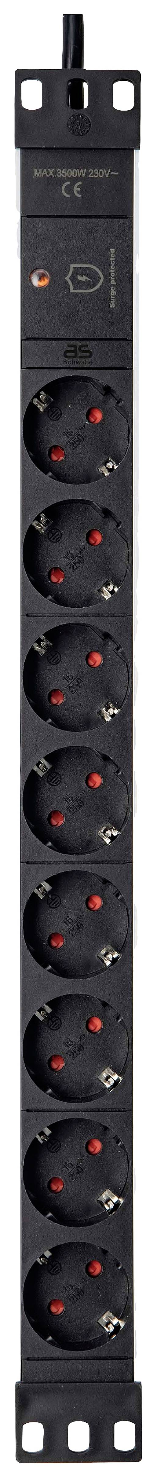 Ten-way extension socket with on/off switch, black design, suitable for electronic devices and office equipment.