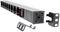 A power strip with nine sockets and a red switch. Two mounting brackets are lying beside it.
