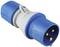 Blue, three-pole industrial plug made of plastic. Suitable for high-current applications.