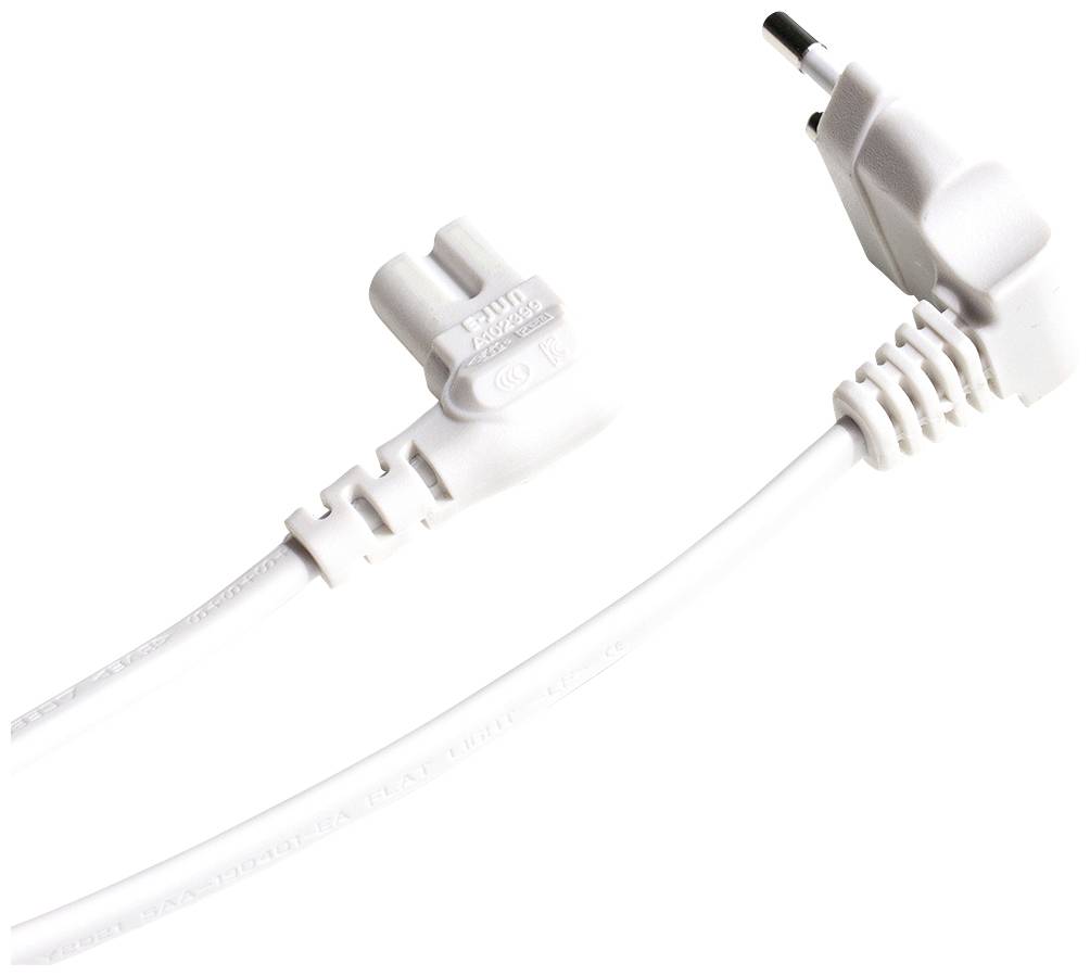 A white network cable with a European plug and an angled IEC connector end, used for electronic devices.