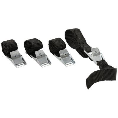 Four black ratchet straps in various lengths with metallic tensioning buckles, placed side by side.