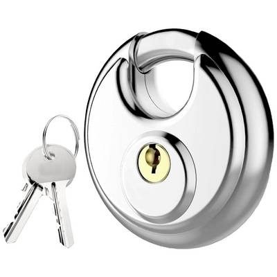 A silver round padlock with two keys beside it; symbol of security and protection.