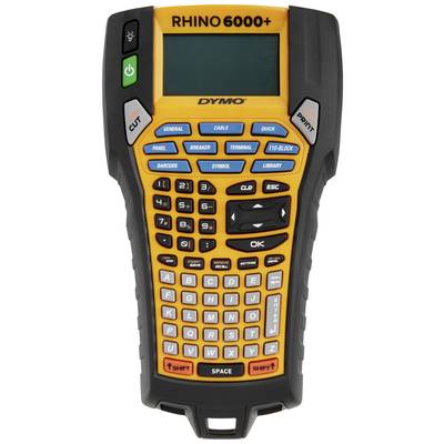 A portable labelling device with a yellow casing and black border, featuring an LCD screen and a keyboard with alphanumeric keys.
