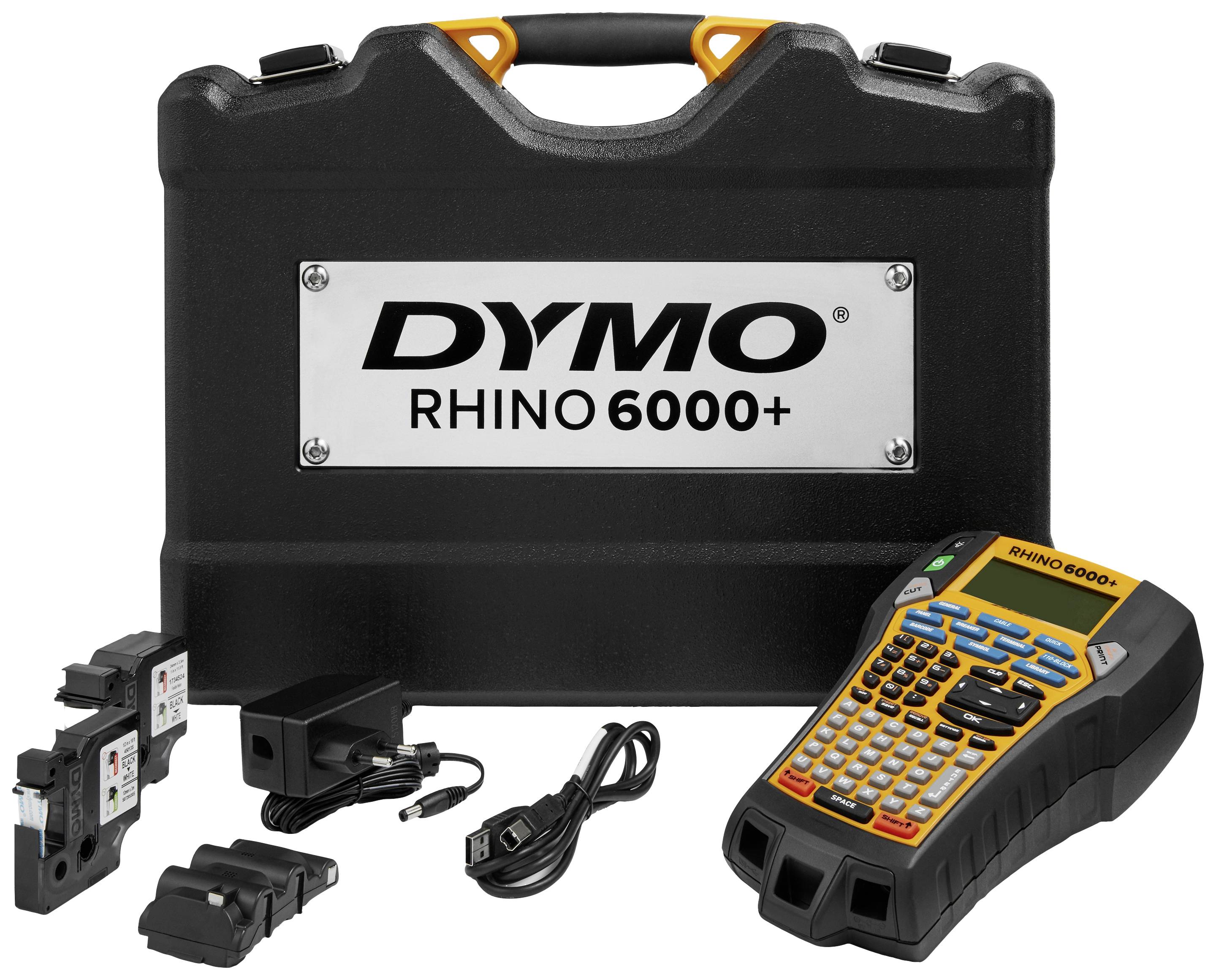 Labelling device and accessories in front of a black case with the inscription 'Dymo Rhino 6000+'.