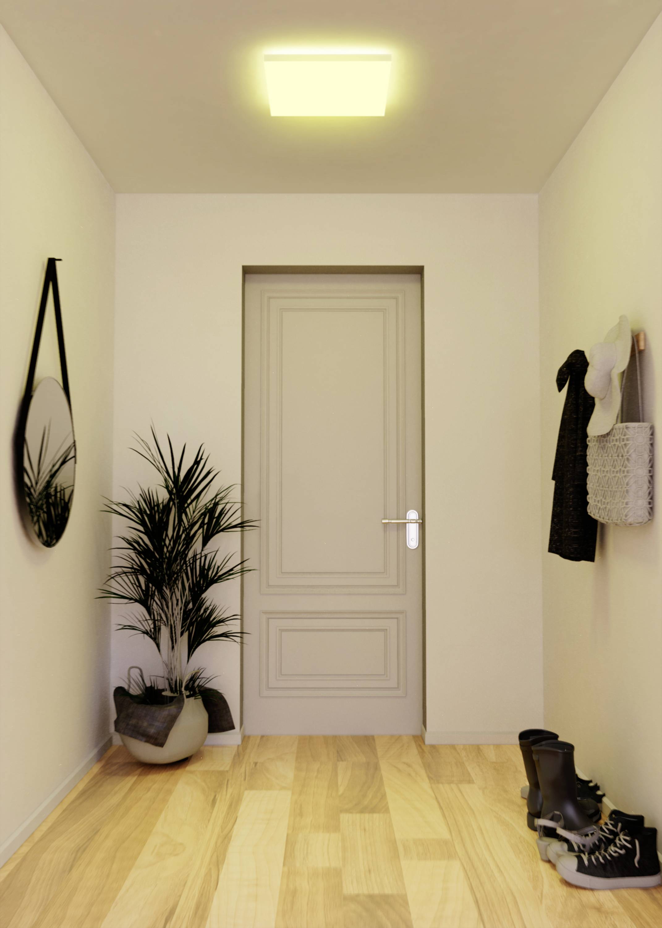 A narrow corridor with a wooden floor leads to a closed door. On the left, a round mirror hangs, and on the right, shoes are placed and coats are hanging.