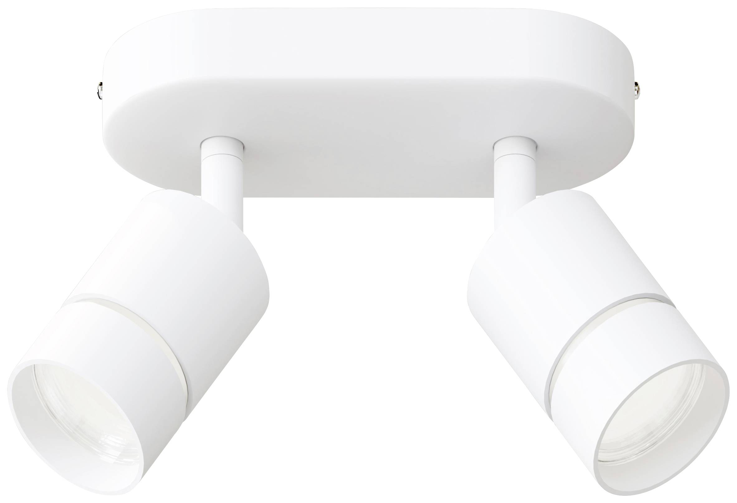 White ceiling light with two adjustable spotlights, suitable for directional lighting in modern interiors.