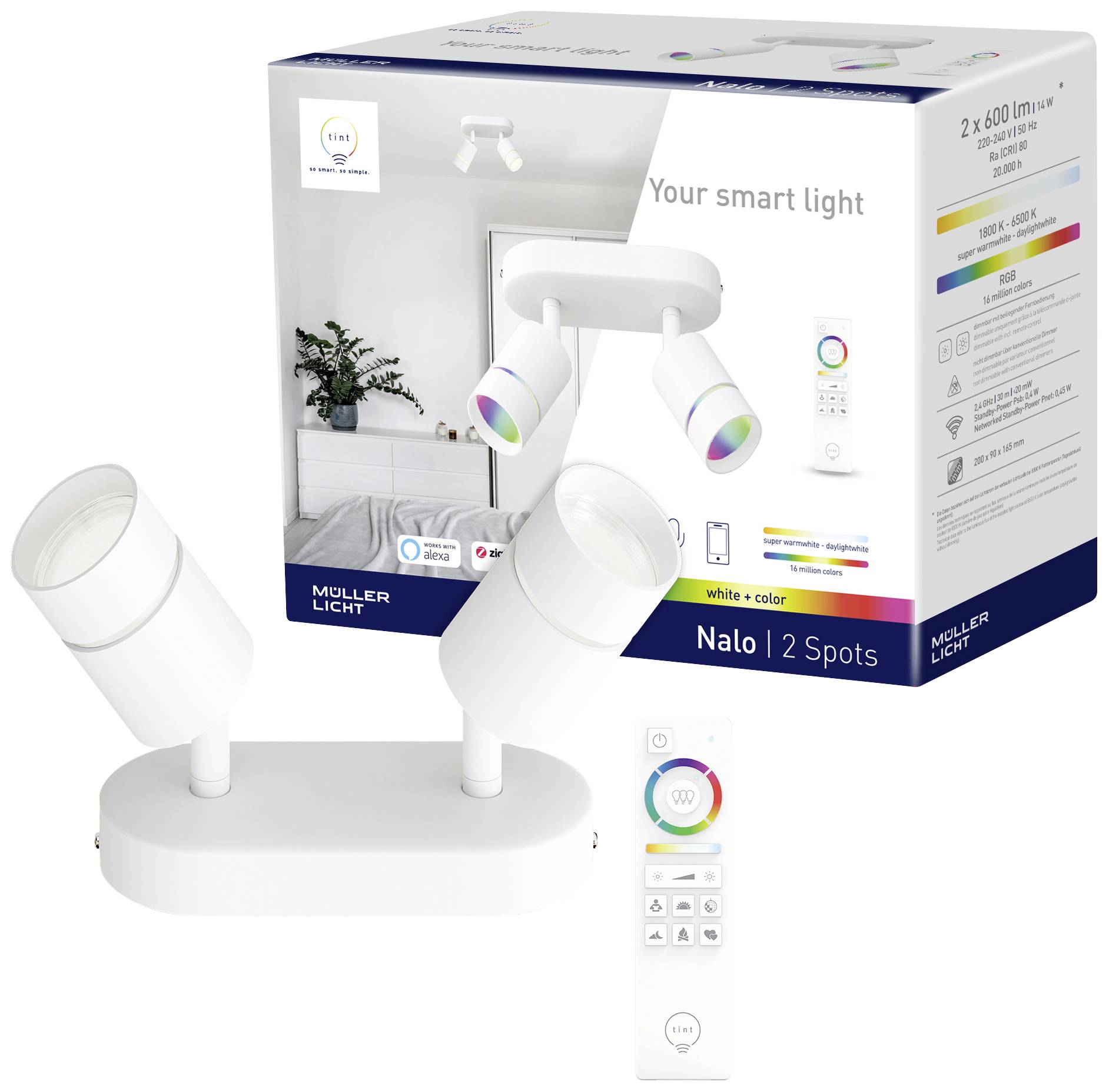'LED ceiling light with two adjustable spotlights, suitable for living rooms. Includes remote control for colour and brightness adjustment.'