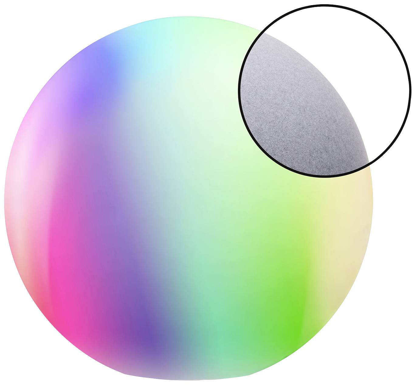 Rainbow-coloured ball with an enlarged detail section showing a matte, textured surface.
