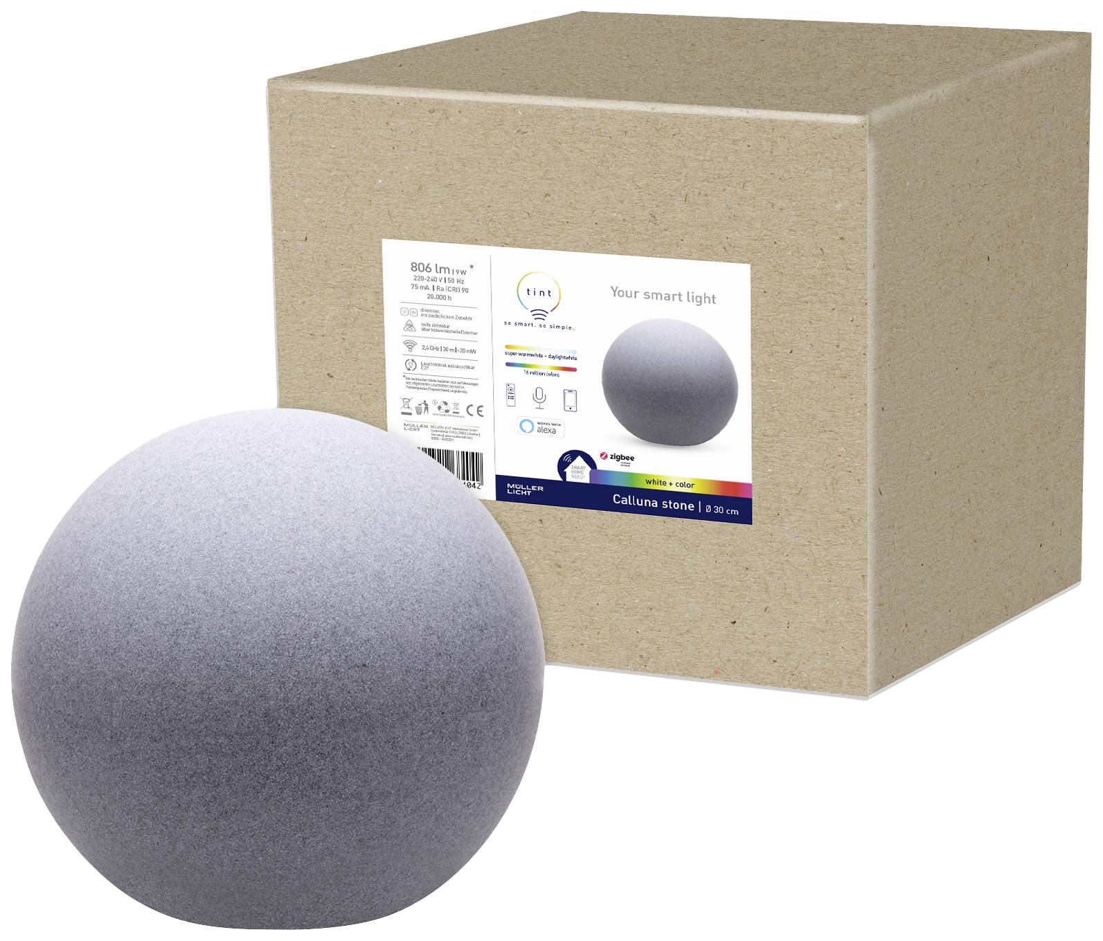 A grey, spherical table lamp with a smooth surface, positioned in front of a brown cardboard box with a product label.