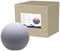 A grey, spherical table lamp with a smooth surface, positioned in front of a brown cardboard box with a product label.
