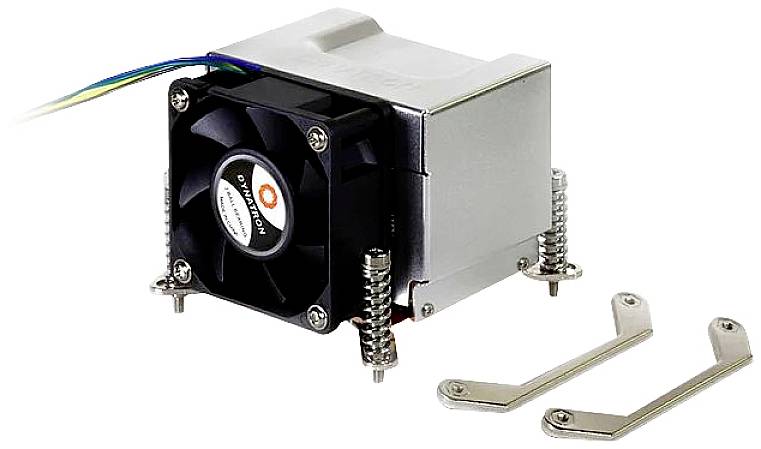 Heat sink with fan for processors, mounted on top. Silver brackets and colourful cables visible. Suitable for heat dissipation in computers.