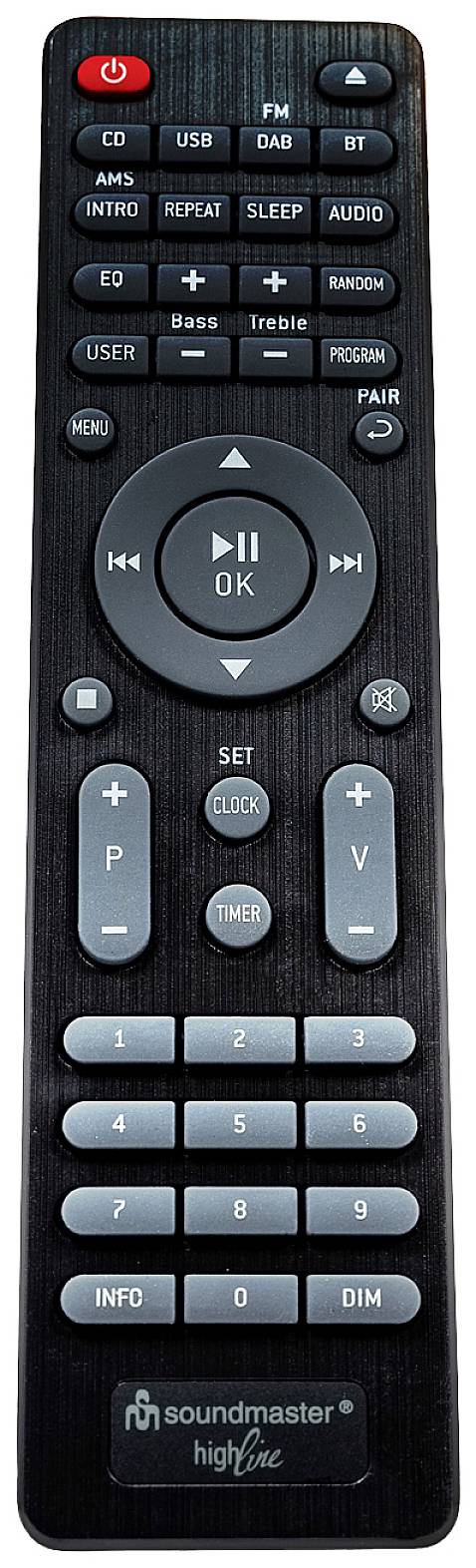 Remote control with buttons for volume, channel changing, playback, mode switching, and numerical input. Brand: Soundmaster.