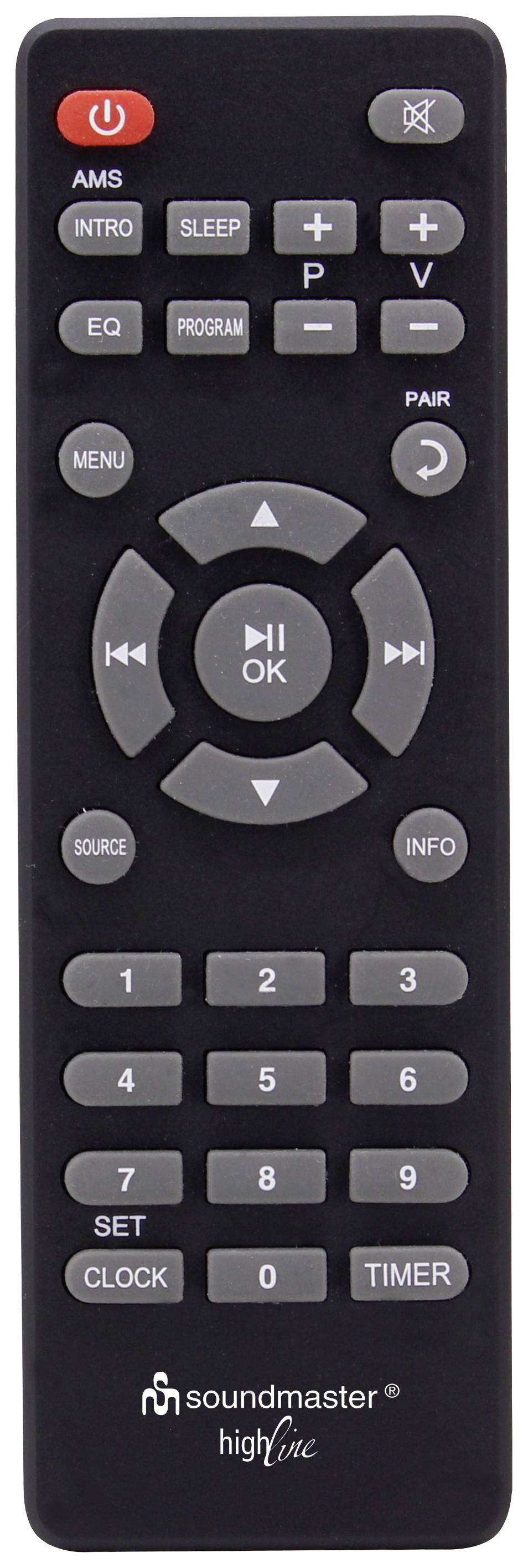 A black remote control with buttons for volume, menu navigation, numbers, sound settings, and timer functions.