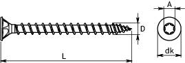Technical drawing of a screw with dimensional specifications: Length 'L', diameter 'dk'. Screw head and thread details visible.