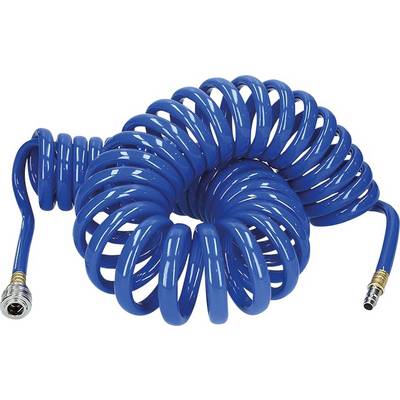 Blue spiral-shaped compressed air hose line, left with standard connection, right with quick coupling, suitable for air tools.