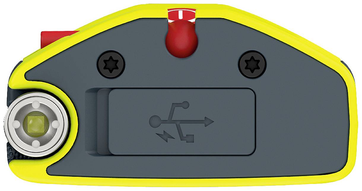 The image shows the underside of an electronic device with a USB symbol and charging port, surrounded by a yellow casing and screws.