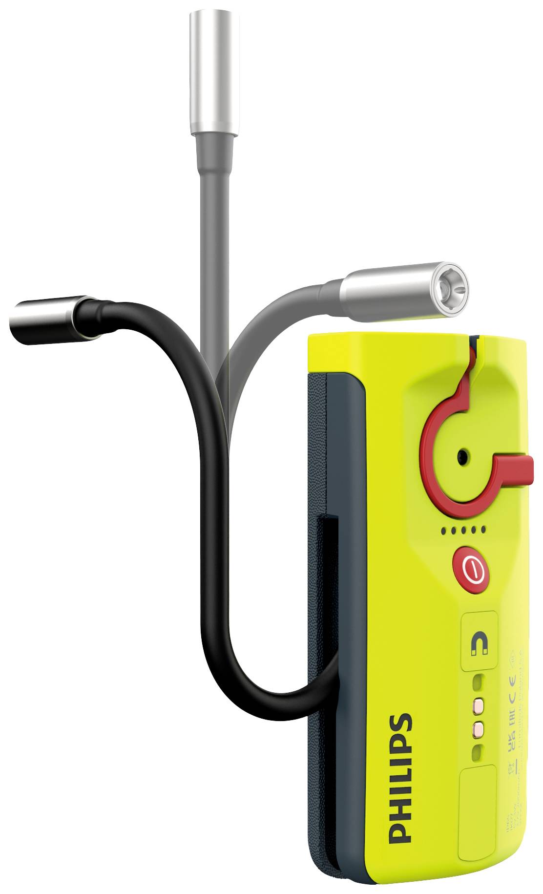 A portable medical device in yellow, with cable connections and control elements. The brand name 'Philips' visible on the side.