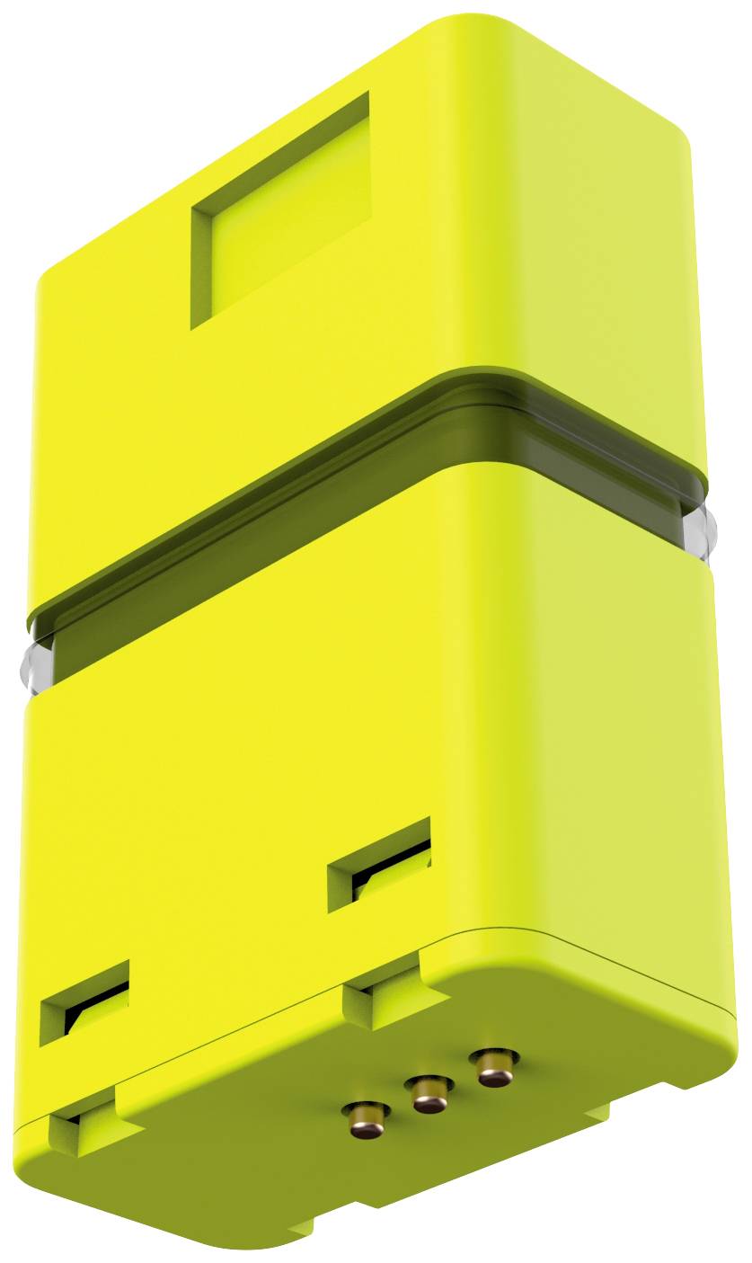 Yellow electronic device with a rectangular shape and metal contacts at the bottom, possibly a battery or charger.