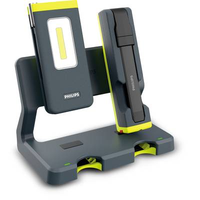 Two portable LED lamps in a holder. Grey and yellow design, 'Philips' brand. Suitable for charging and illumination.