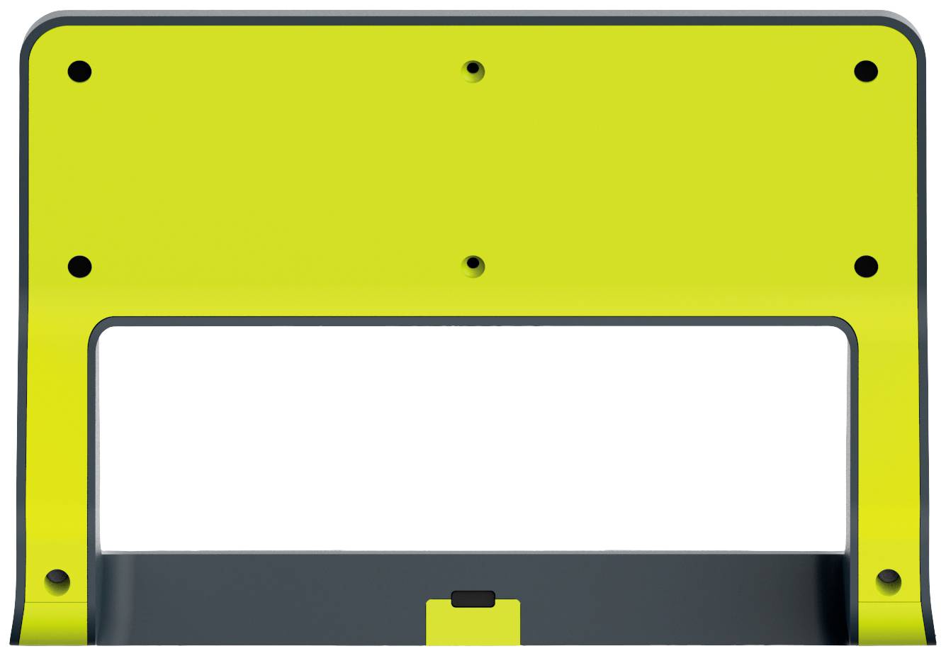 A yellow, rectangular metal piece with a protruding edge and several mounting holes, possibly part of a bracket or housing.
