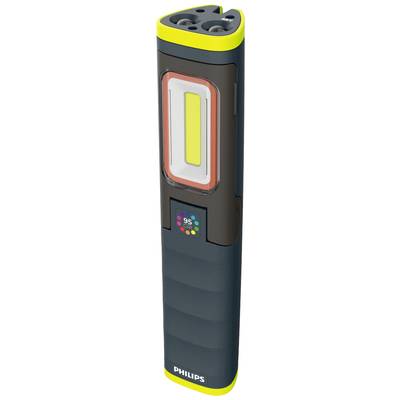A portable Philips LED work light with an ergonomic handle, colourful elements, and high colour rendering scale on the housing.