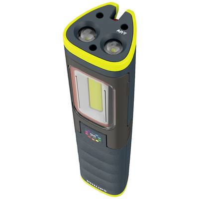 A portable LED light device with two round lights on top, a rectangular light field in the centre, and a UV marking.