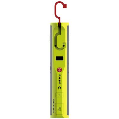 A yellow, portable Philips work light with a red hook. It features an on/off button and USB symbol, ideal for workshop tasks.