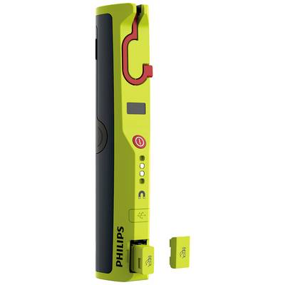 Electronic device in lime green with the Philips logo, several buttons, and a red tick. It has a small detachable component.