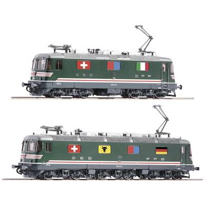 Two green electric locomotives with flags of four countries: Switzerland, Italy on the upper; Austria, Germany on the lower.