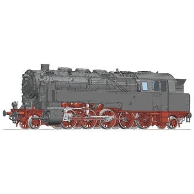 A detailed drawing of a steam locomotive shows the side profile with visible wheels, boiler, and cabin, typical of vintage railways.