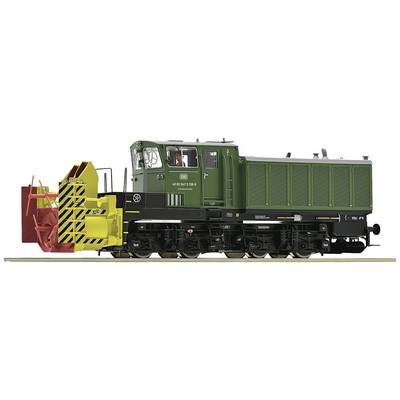 A green, detailed model railway locomotive with a yellow snowplough attachment at the front.