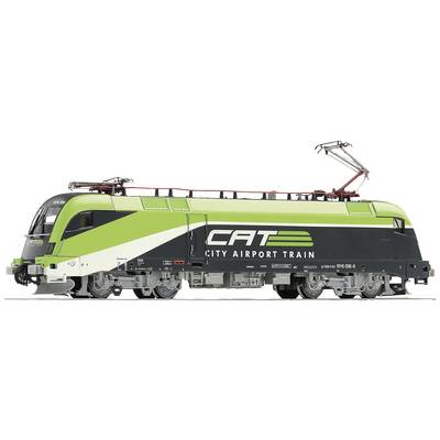 Model railway locomotive with 'CAT City Airport Train' labelling in green and black on a white background. Functional design.