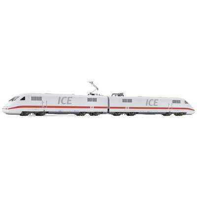A white Deutsche Bahn ICE train viewed from the side, with a red stripe and the 'ICE' logo. The train is stationary against a white background.