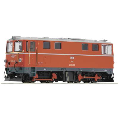 An orange model of a historical locomotive with a grey roof. Doors and windows are intricately designed.