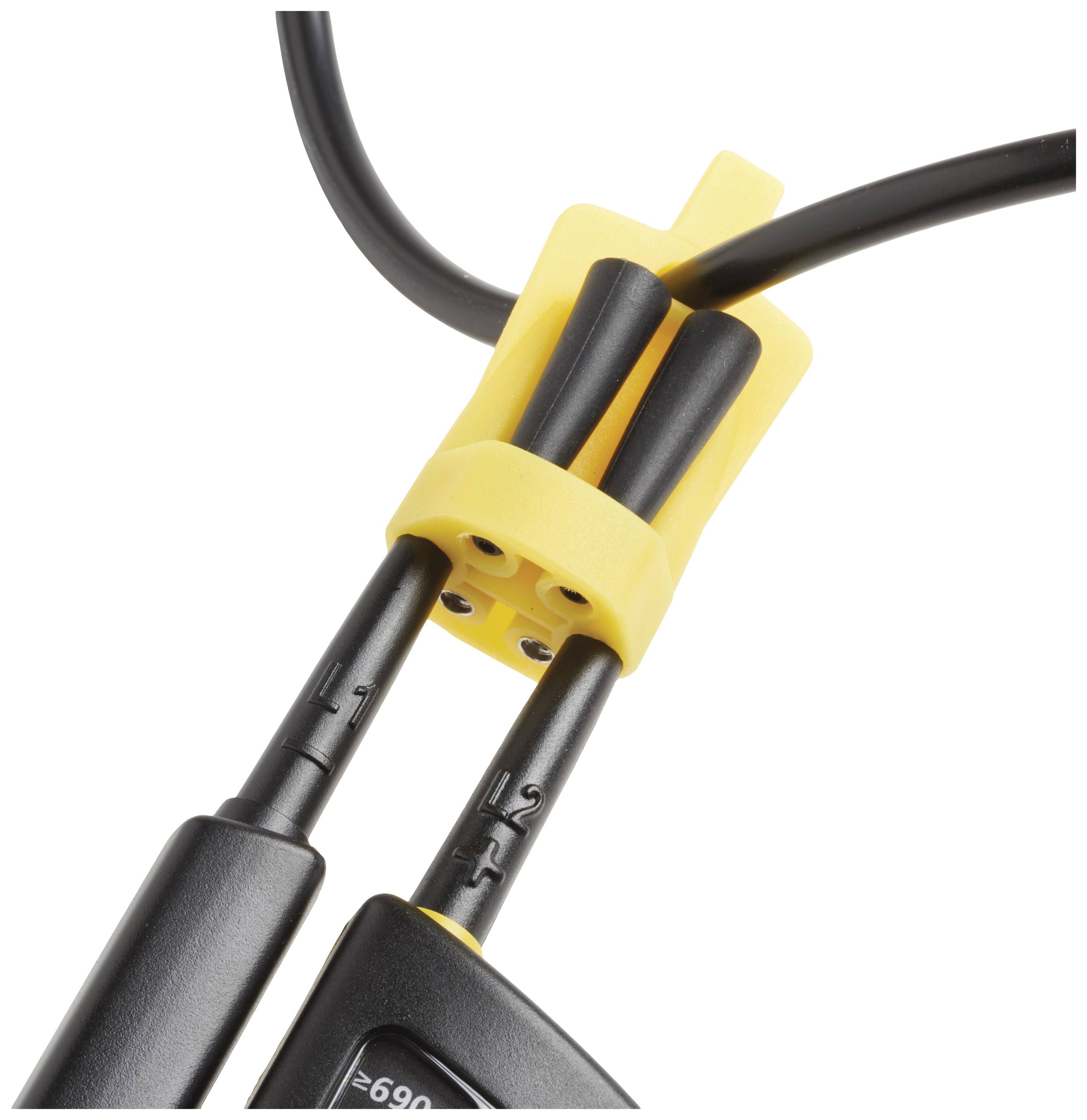 Two black cables with a yellow-black connector and markings L1 and L2, indicating an electrical connection or measurement.