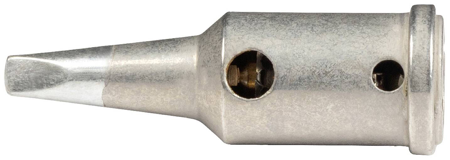 Soldering tip with a flat, narrow point for fine work when soldering; two side openings for attachment to a soldering iron.