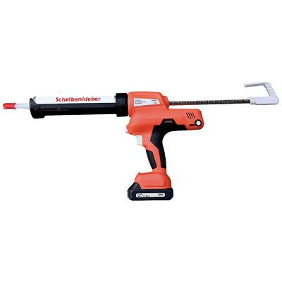 A red battery cartridge press with the print 'Schelbenkleber', for applying sealants or adhesives.