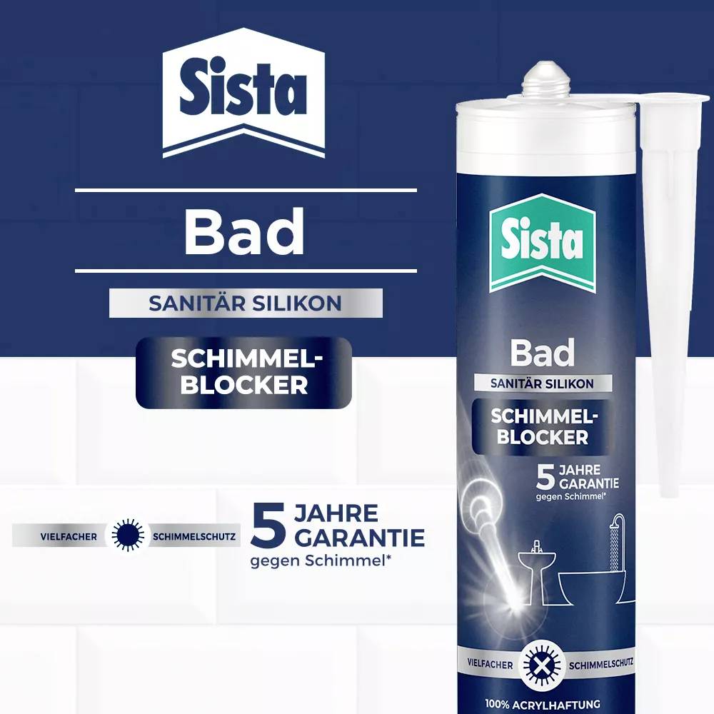 A tube of Sista 'Bathroom' silicone sealant with mould blocker and 5-year guarantee against mould.