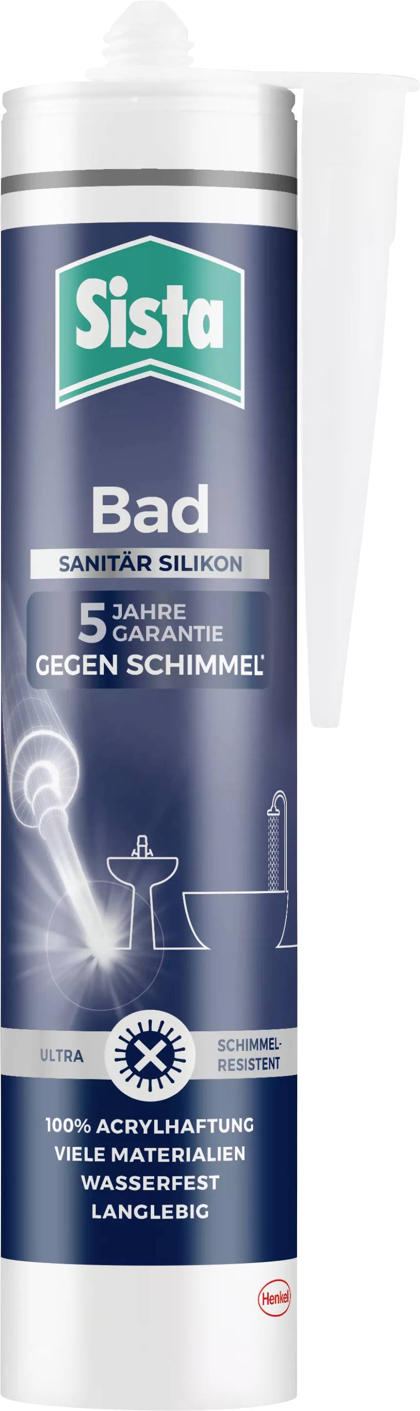Silicone cartridge for bathroom sealing, guaranteed '5 years mould-resistant'. Labelled 'Ultra' with bathroom application symbols.