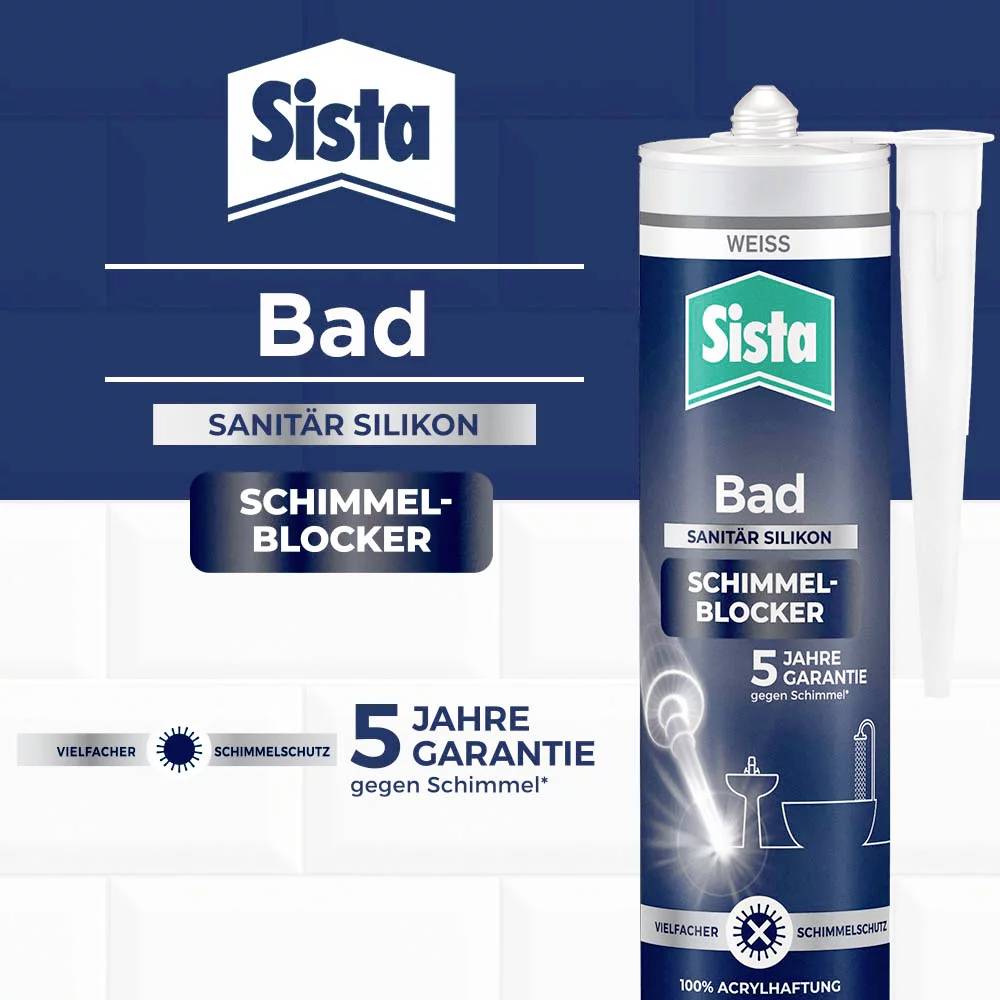 A tube of Sista bathroom silicone sealant in the image. The product emphasises protection against mould with a five-year guarantee.