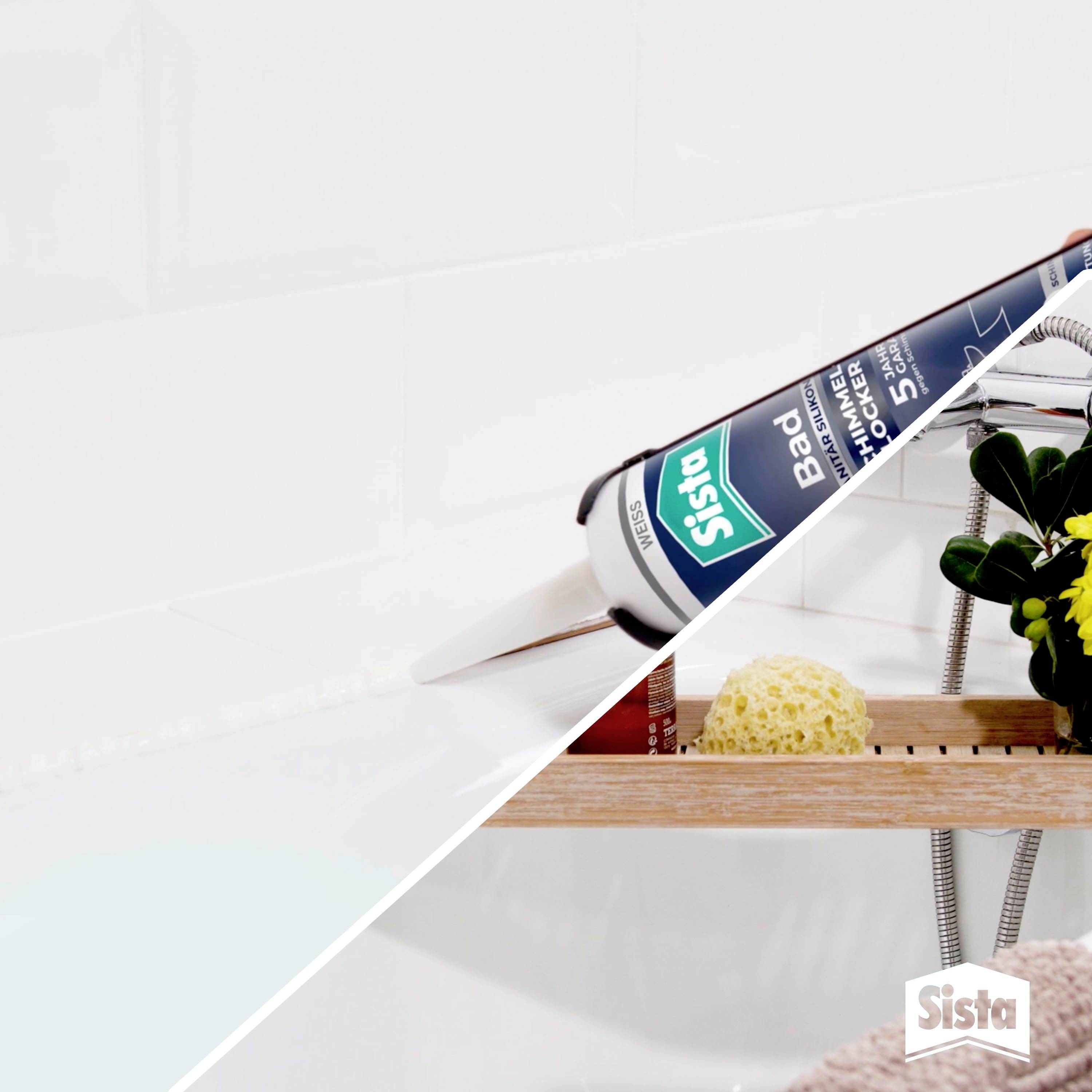 'Before-and-after' view of a bathroom showing a worn, mouldy grout line on the left and a newly sealed, clean grout line on the right. A bathtub is visible in the background.