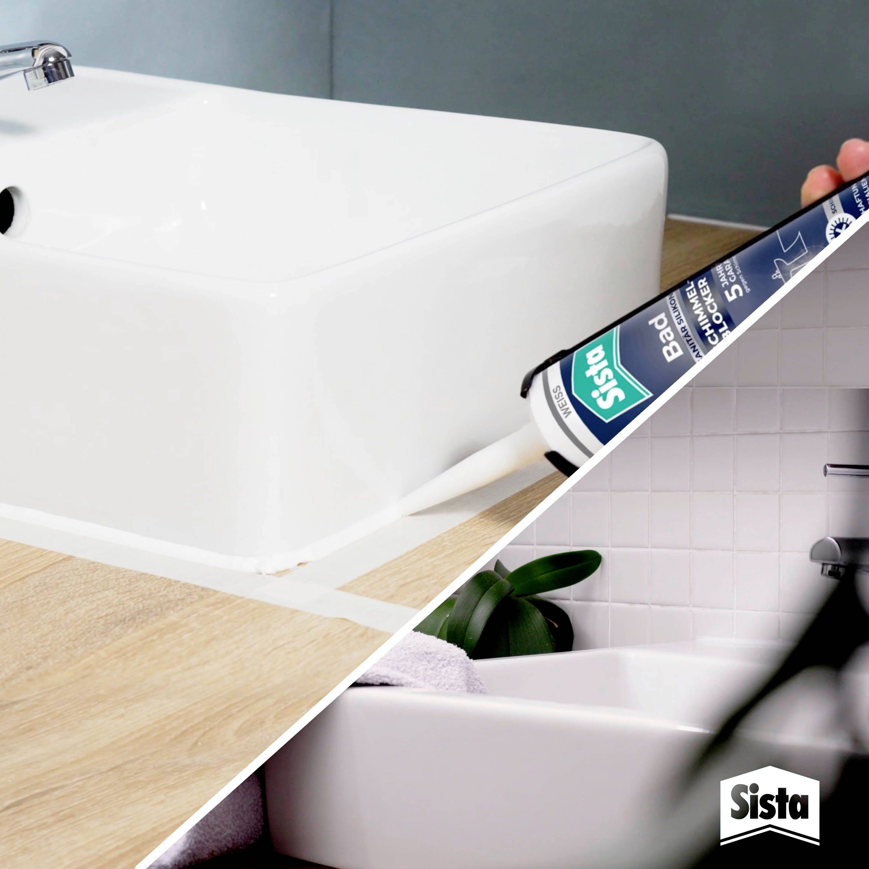 A bathroom sink is being sealed around the edge with a tube of sealant. A plant is visible in the background. Product 'Sista'.