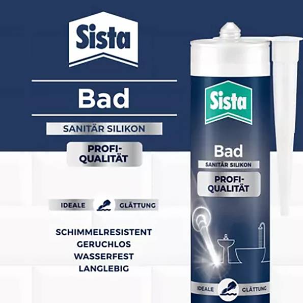 A tube of Sista sanitary silicone, described as 'Bathroom', waterproof, odourless, mouldproof, and long-lasting.