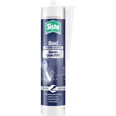 A tube of transparent silicone sealant for bathrooms. Brand name 'Sista'. Properties: mouldproof, odourless, waterproof, long-lasting.