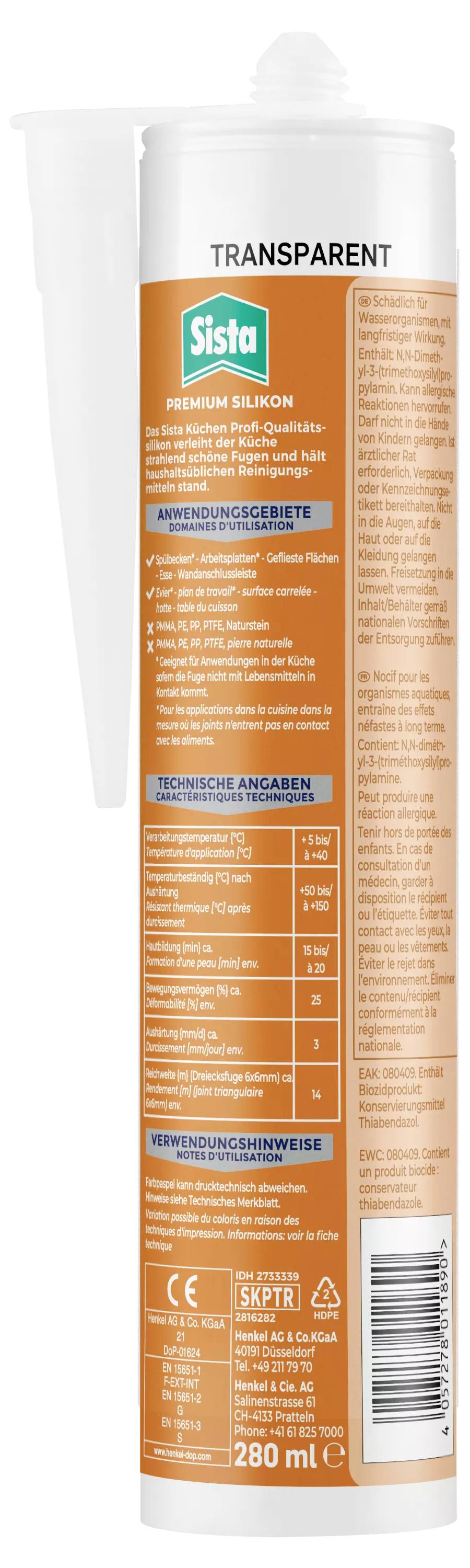 'Silicone sealant tube, transparent, Sista brand. Orange print with technical description and application instructions.'