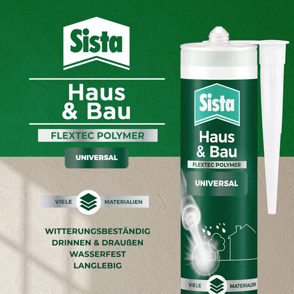 'Advertising poster for Sista Flextec Polymer Universal Adhesive. Contains information about the product's versatility and weather resistance.'