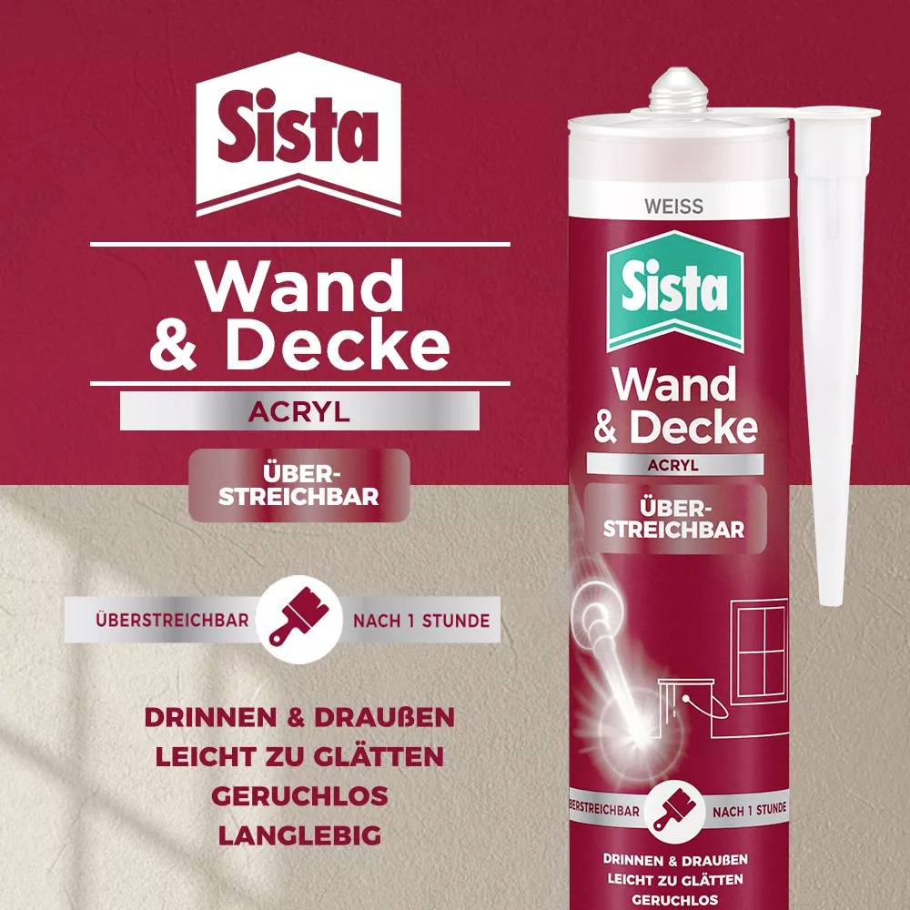 A tube of Sista Wall & Ceiling Acrylic against a red background. Text: 'PAINTABLE AFTER 1 HOUR. ODOURLESS. LONG-LASTING.'