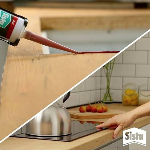 A person applies Sista silicone sealant to a kitchen countertop edge, preventing water damage. A completed, sealed surface is shown.